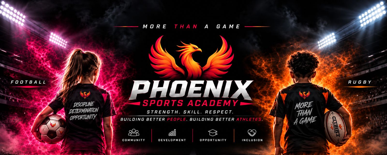 Phoenix Sports Academy: More than a game. A girl holding a football and a boy holding a rugby ball, with the Phoenix crest and the tagline Building Better People. Building Better Athletes.